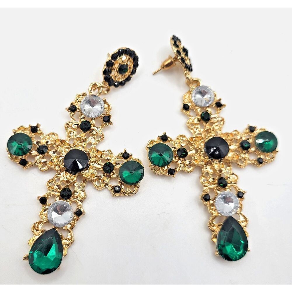 Baroque Green and Gold Cross Earrings 3.25in